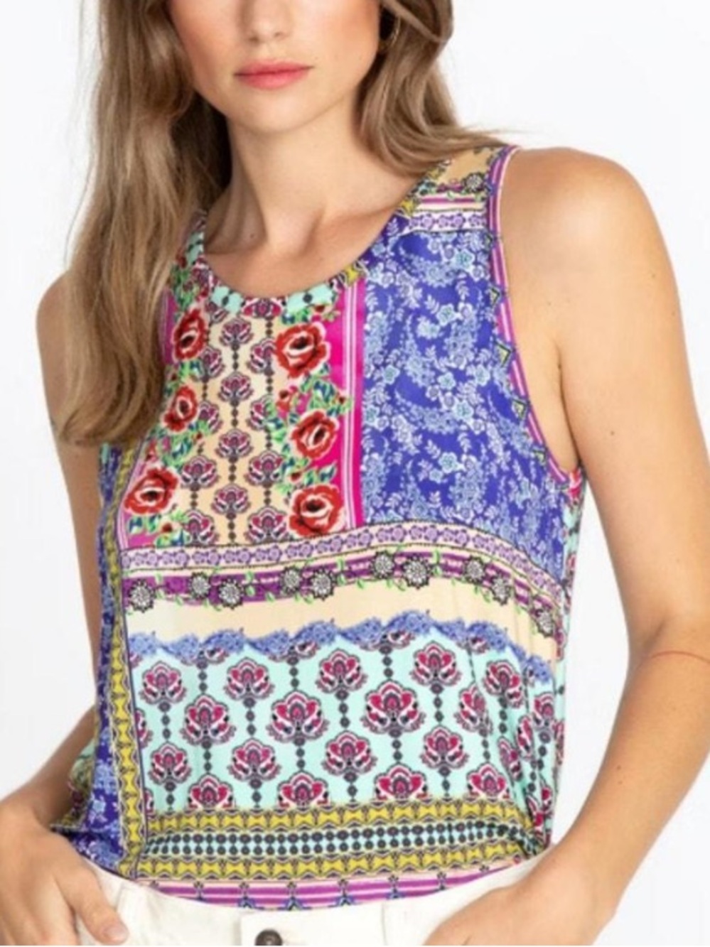 Johnny Was Franco Swing Printed Floral Patchwork Sleeveless Top Pink Blue Cream